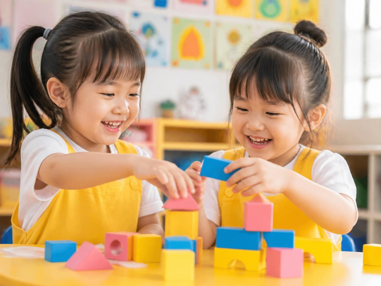 Two smiling Singaporean preschool girls building with colourful blocks