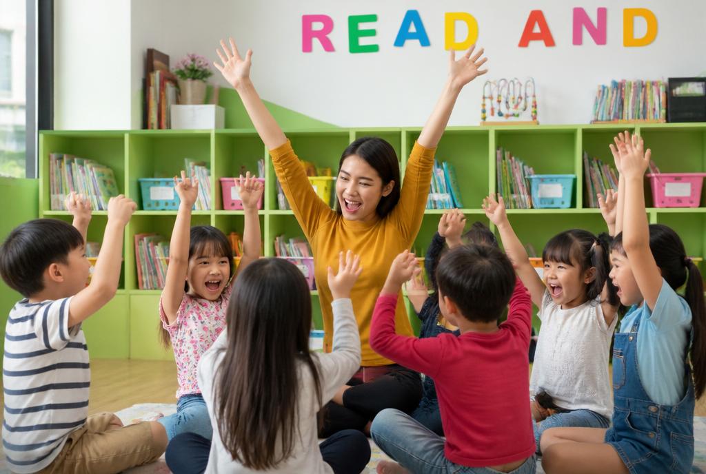 A warm Singapore preschool classroom where a teacher and children celebrate learning together